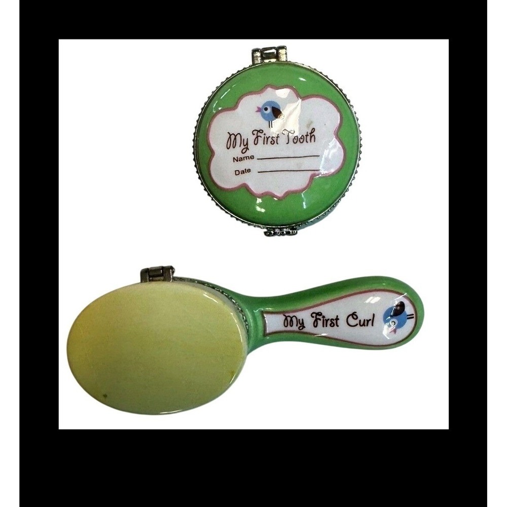 My First Tooth and Curl Keepsake Set Green Ceramic Blue Bird FITAU3